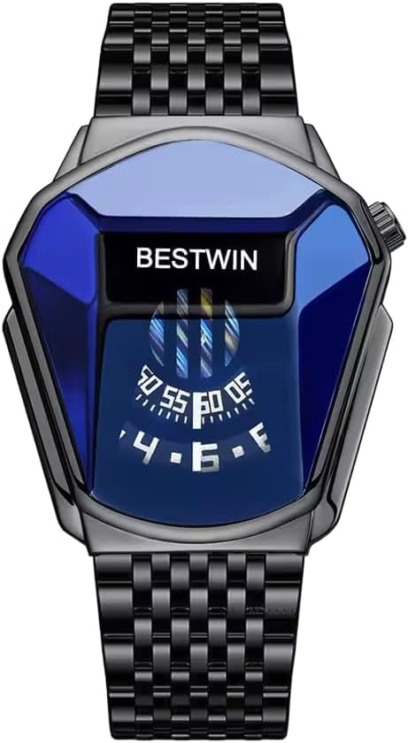 Luxury Men's Wirst Watch, Geometric Design Digital Display, Metal Band, Pentagon Shape, Sports Car Mirror Design Watch [ Black ]